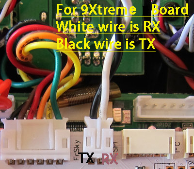 9Xtreme Telemetry White wire is RX and BLACK wire is TX.