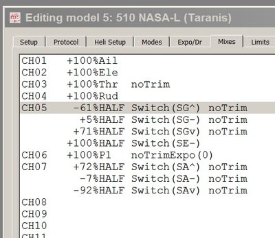 erSky9x on Taranis SW program for NASA Lite U control switches CH5 with SE and SG switches.