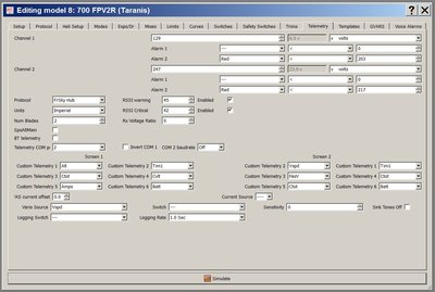 FrSky D8R-II Plus receiver Telemetry settings using erSky9x on Taranis.