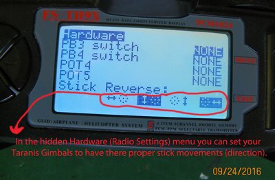 9x Radio Hardware Gimbal direction settings.