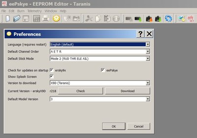 eepSkye for Taranis Preferences settings
