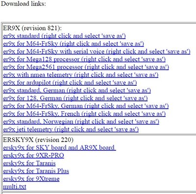 List of Er9x and ErSky9x firmware's March 2017 (http://www.er9x.com/)