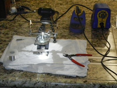 my repair station setup.  Hakko 888 does it again!  A marvelous tool.  Kudos to my patient wife for use of her kitchen counter!