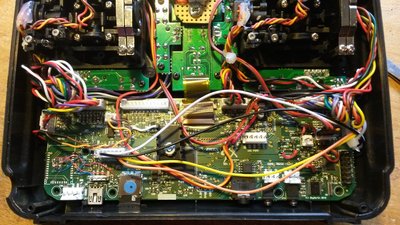 Taranis gimbals and on the left side the USB resistors mod.