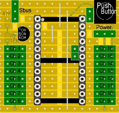 This picture shows the top side of the little board. You can see the failsafe push button on the top right corner. Also on the top left is the External SBUS input.<br />You have a couple options to power the arduino here. You can power it and the servos from the SBUS power supply, but you have to make sure that the power wires from your SBUS line are thick enough to handle the current from all the servos.<br />You just have to place the little jumper on the 2 pins near the push button.<br /><br />You  can also power the arduino from the servo battery by installing the jumper. This is used if you are receiving an external SBUS signal and the arduino IS NOT CONNECTED TO THE FTDI. <br />DO NOT place the jumper if you have the FTDI connected to the arduino. Also, unless you are powering the receiver from the external (Servo) power on this board, please remove the +V (RED?) pin from your SBUS connector, leaving only the signal and ground wires.<br />If you use a ESC with BEC in your aircraft just connect it normally to your throttle channel and it will also power the servos. In this case an external battery for the servos is not needed :)<br />Ahh, no need to say.. again... REMOVE THE PROPS OR ROTORS