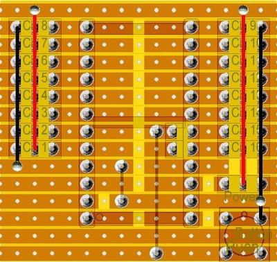 Bottom side of the little board. As you can see, a few less components than the version with the external SBUS capability.<br />Please note that the A4 and A5 connections on the Arduino Pro Mini don't line up with the holes on the board.. I had to solder 2 pins to the vias, and then bend them a bit backwards using some pliers to line them up with the board.. You will see what I mean when you build it ;). Please note the RED and BLACK lines.They are the power rails connecting all the +V and GROUIND on all servo connections. I used a little bit of single wire and soldered it at the same time I soldered the pins as you can see in one of the other picture above.