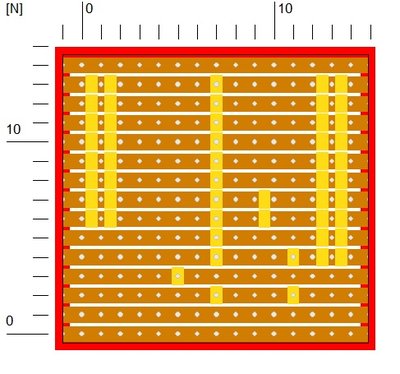 This picture shows the cuts that must be made on the stripboard.. Please note that some cuts are made on the holes and some are made between 2 holes. This is very important to get right..