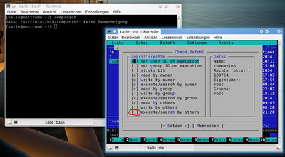 changed allowance, so normal user can NOT run companion. terminal window, user level, type &quot;companion&quot; CR -&gt; program does not start, but give massage &quot;Keine Berechtigung&quot; voila<br />(I use mc - midnight commander to do things like that, like in good old DOS days with norton commander...)