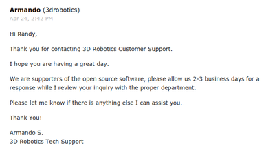 reply from 3D robotics support