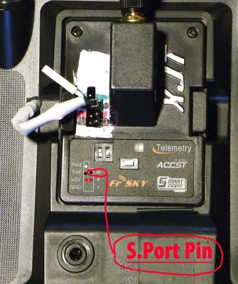 XJT telemetry Black wire to external S.Port pin.<br />The telemetry white wire can be connected to the external Txd pin <br />(when using protocol PXX / D16 or D8) as it will not harm anything. <br />This needs to be done because the 9Xtreme telemetry cable connector is a two plug connector.