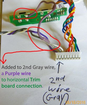 Added to Digital Ground 2nd Gray wire a Purple wire to horizontal Trim board connection. <br />The view of this picture is of the left side.