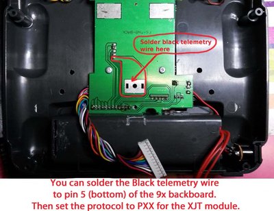 You can solder the Black telemetry wire to pin 5 (bottom) of the 9x backboard. <br />Then set the protocol to PXX for the XJT module with D16 to use S.Port.