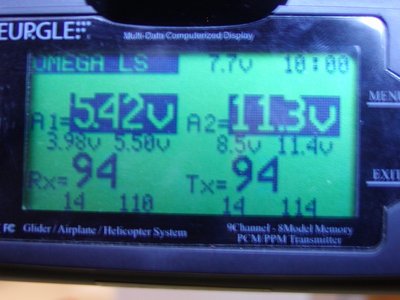 Screen 2; one press right on the navigation buttons: from top right first row: Model name, Tx Voltage, timer setting. second row: A1 (Receiver) Voltage, A2 )(pack) Voltage. Row 3: Min and max vltages fro A1 and A2. Row 4: Rx and Tx signal strengths. Row 5: Min and Max values for signal strengths above.