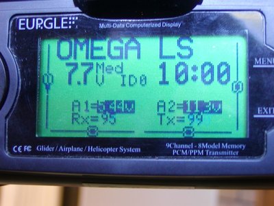 Screen 1: one press down from the start up screen. Clockwise from the top left are Model name and below that is the Tx battery voltage. Then the timer switch identity, timer setting in minutes and seconds, the A2 Pack voltage display, the transmitted signal strength below that and the received signal strength at the receiver to the left. Above that is the A1 Receiver voltage display.