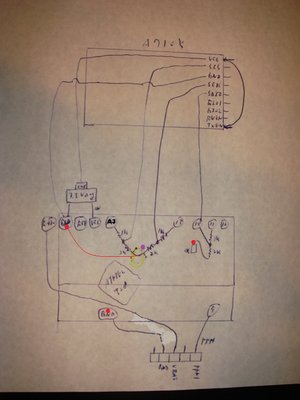 the ground can be any of the gnd like those red dots. and the red wire is where I put my gnd wire to.  I am not sure which track is gnd in that area when looking  at the pro mini board. The purple dot area is where Kilrah found a gnd tract on the pro mini board and soldered the 2K resistor directly to the board, I think.