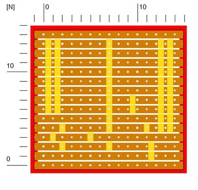 This picture shows the cuts that must be made on the stripboard.. Please note that some cuts are made on the holes and some are made between 2 holes. This is very important to get right